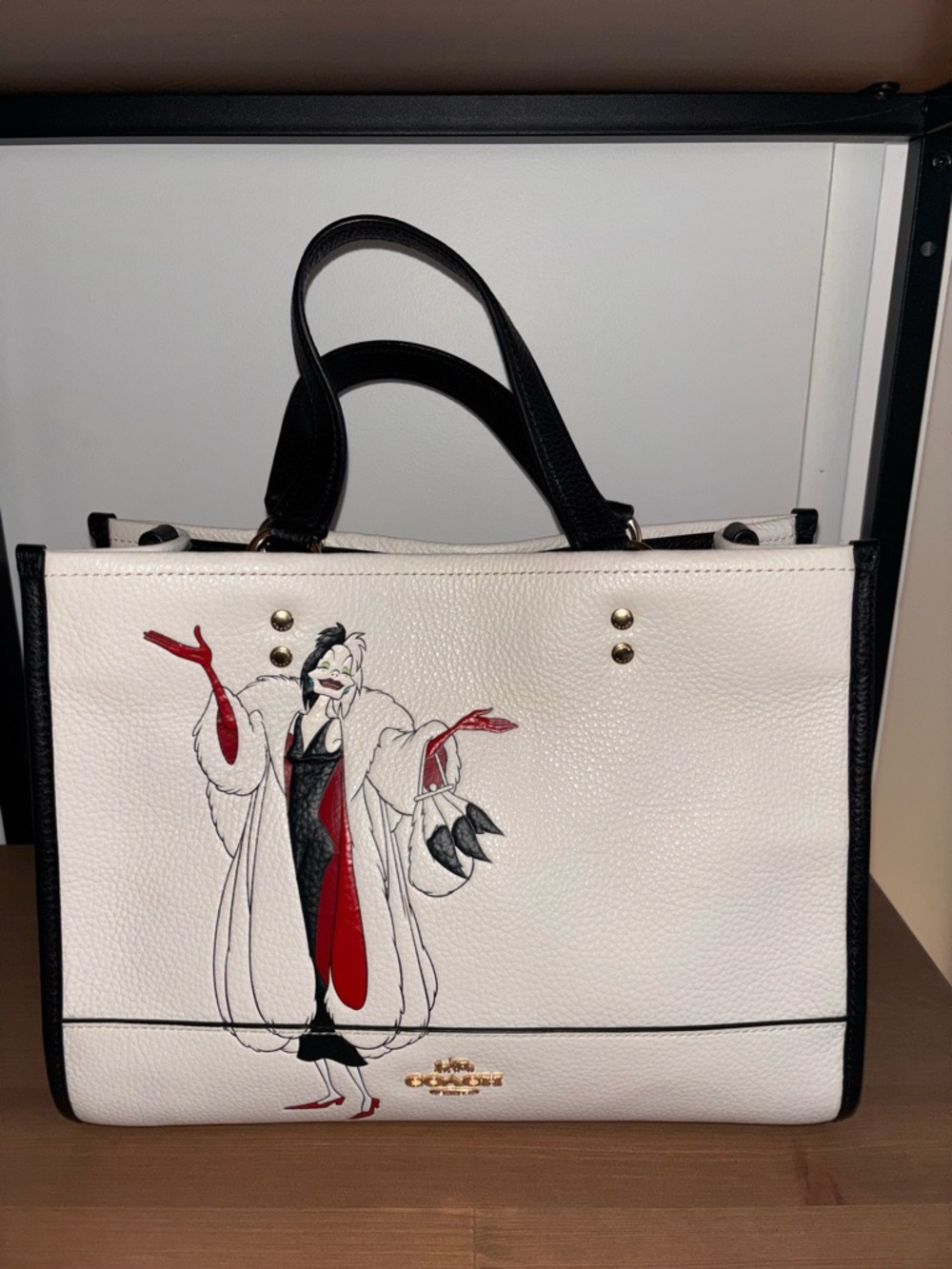 Coach x Disney White Leather Tote with Black Trim and Cruella Design